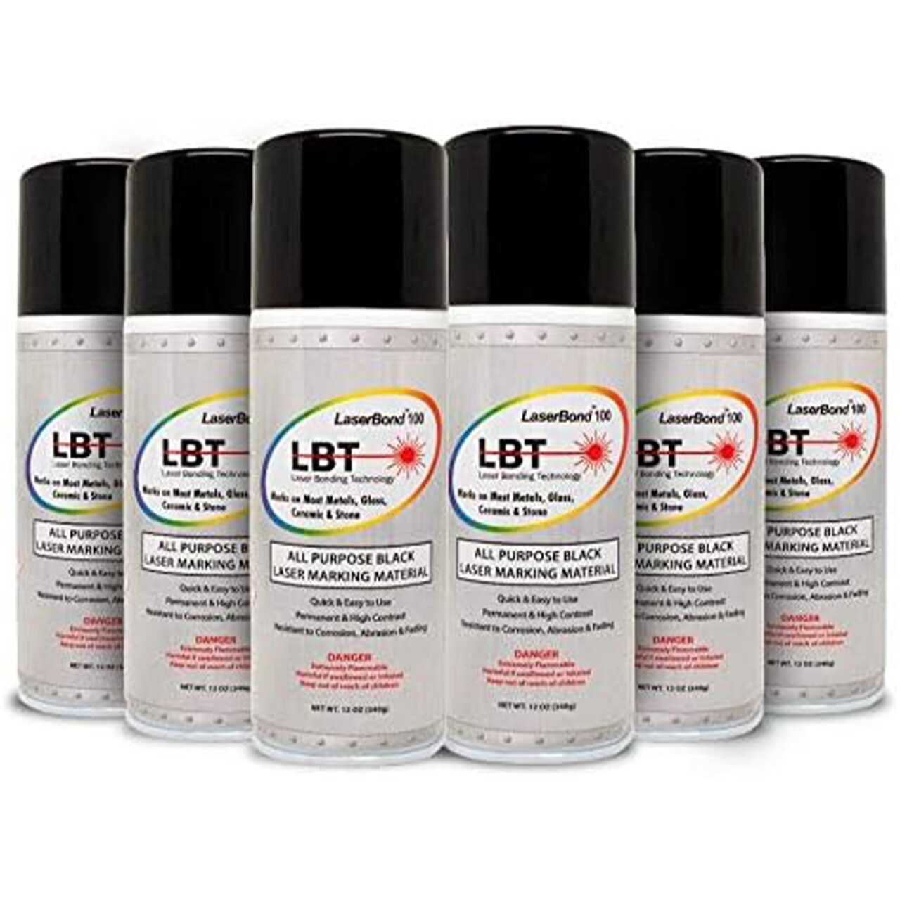 LaserBond 100 Aerosol Black Laser Marking Spray 12 oz, Compatible with CO2 Fiber Diode and YAG Laser Engravers, Permanent Marks on Metal Glass Stone and Ceramic (6)